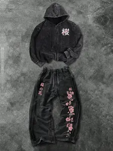Men's Fashion Casual Two-Piece Set Streetwear Tracksuit with Cherry Blossom Print, Loose-Fitting Hoodie and Drawstring Pants for Sports, Spring and Fall, Sweatsuit Set Outfit