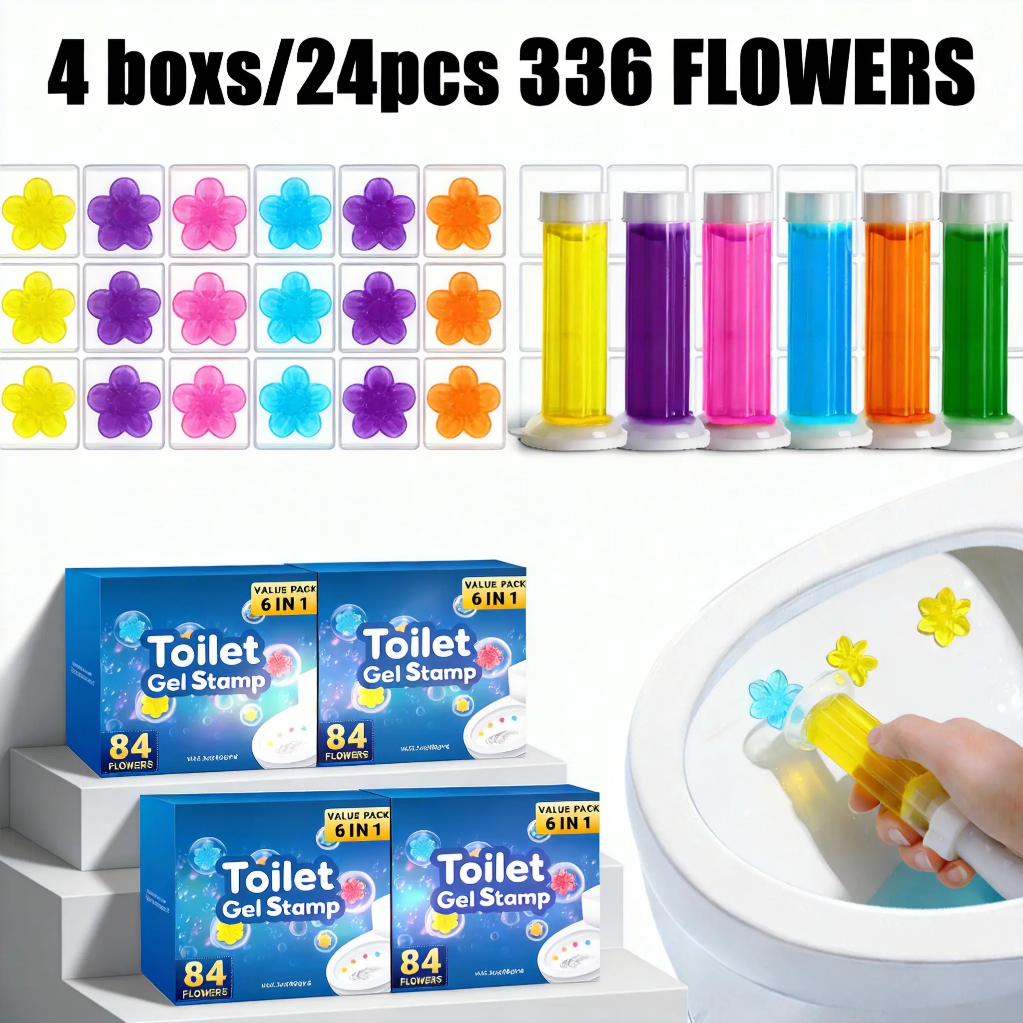 Household Toilet Gel Stamp, 6-in-1 Self-Cleaning Toilet Bowl Cleaner with 84/168/336 Flowers, 6/12/24 Tubes + Push Rods, No-Scrub Automatic, Long-Lasting Fragrance, Anti-Bacterial, Fragrance Household