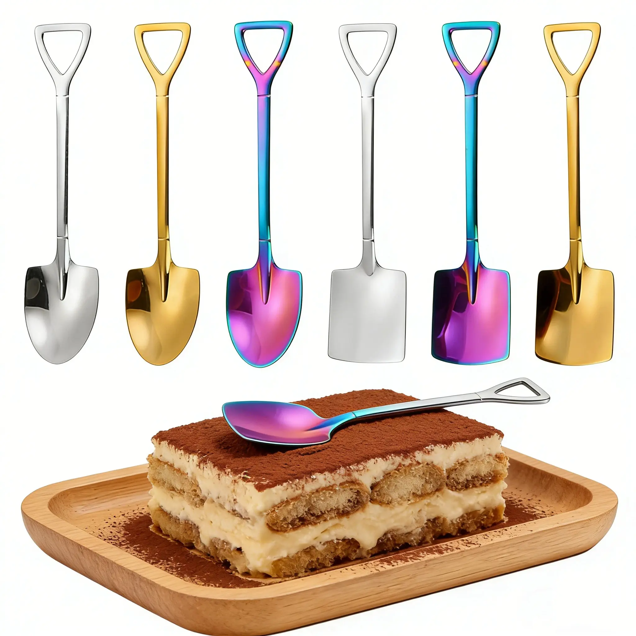 6PCS 304 Stainless Steel Colorful Shovel Spoon Set - Mini Square & Pointed Easter Cutlery, Hanging Aesthetic Tableware for Ice Cream, Coffee Use