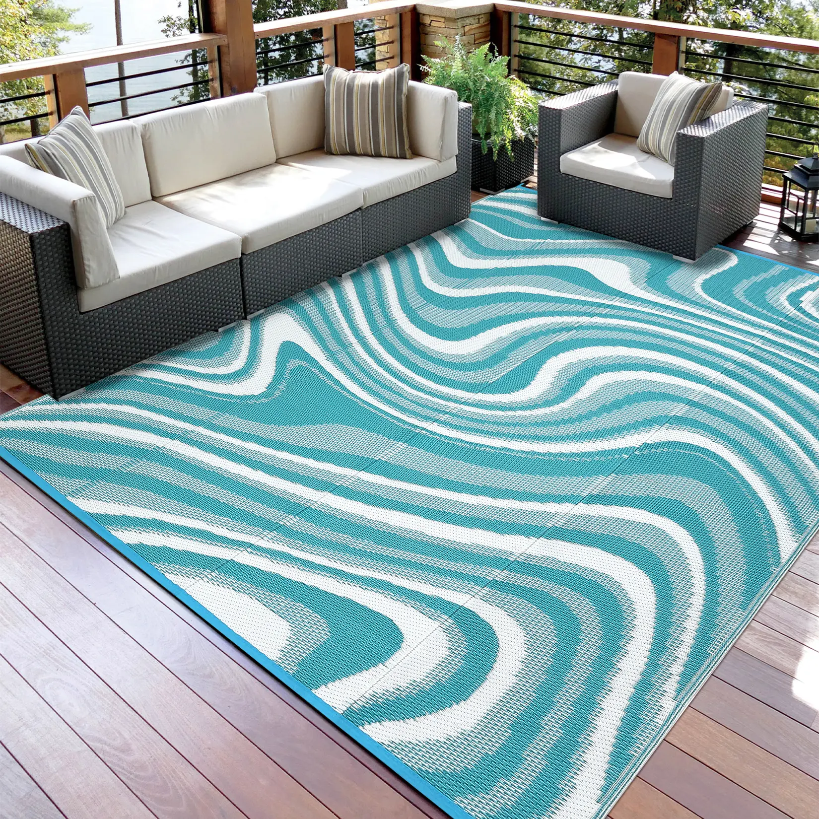 Outdoor Camping Rug - Neutral Striped Layered Plastic Woven Mat, 8*10ft Double-Sided Reversible, Water Resistant, Mudproof Surface, Tear Resistant, Modern Abstract Style for Patios, Beaches, RVs