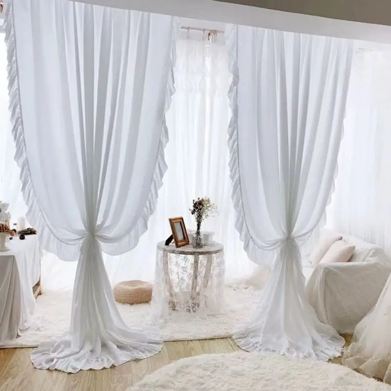 1Panel French Romantic Semi-Blackout Ruffle Curtains, American Country White Accessible Luxury Bay Window Balcony Curtains Living Room Bedroom Decorative Curtains