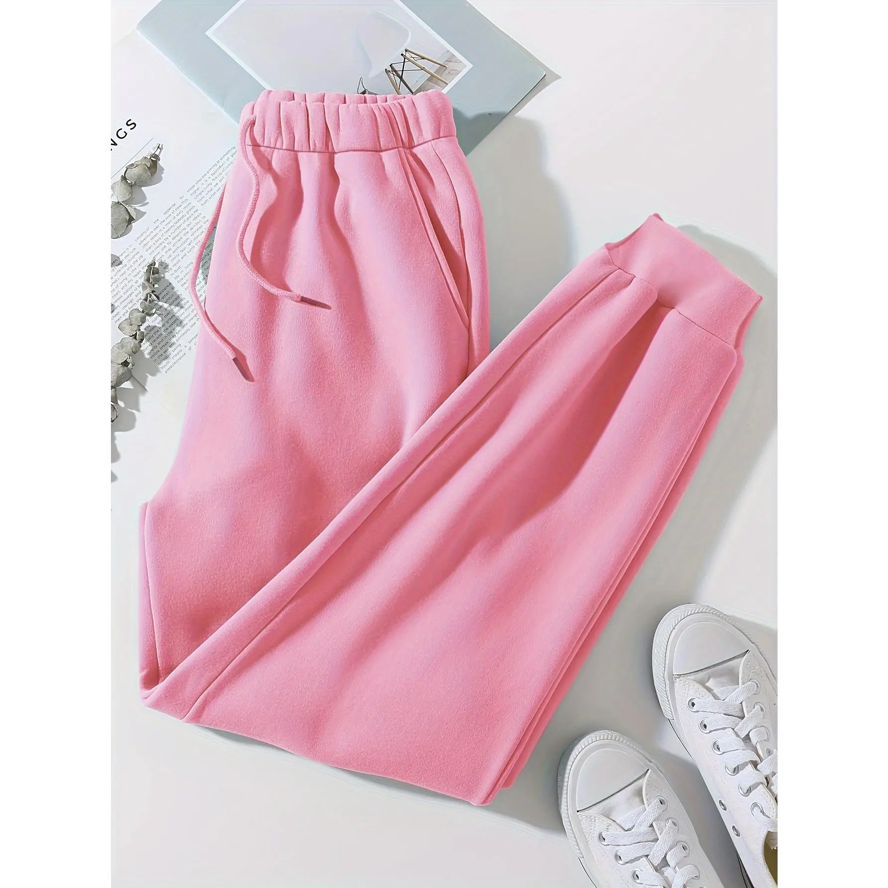 Plus Size Solid Drawstring Joggers, Casual Slant Pockets Elastic Waist Sports Pants For Spring & Fall, Women's Plus Size Clothing