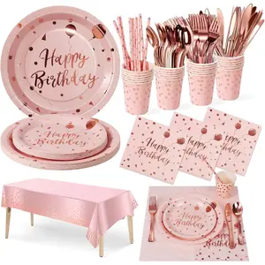 Birthday Party Tableware, 161 Pieces Pink and Rosegold Party Supplies, Party Dinnerware Sets Include Paper Plates Napkins Cups Silverware,  Shower Engagement Parties Decoration -20 Serves