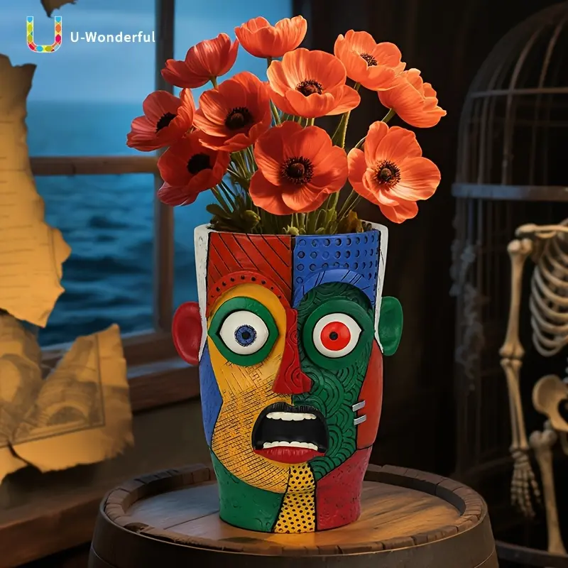 U-Wonderful Hand-Painted Abstract Art Polyresin Planter - Geometric Pattern, Waterproof, Durable, with Drainage Holes, Indoor Outdoor Home Decor Gardening Container, Artistic Design Vase