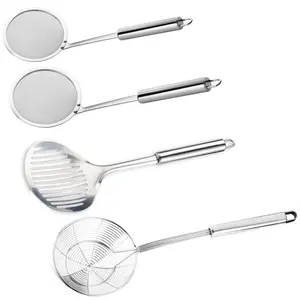 4PCS Kitchen Solid Stainless Steel Spider Strainer Skimmer Ladle for Cooking and Frying, Kitchen Utensils Wire Strainer Pasta Strainer Spoon Hot Pot Fat Skimmer Spoon