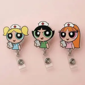 Nurse Powerpuff Girl Badge Reel And Phone Grip, Cute Accessories, Cute Cartoon Retractable Acrylic ID Name Tag Holder and Kindle Grip, Gift For Fans