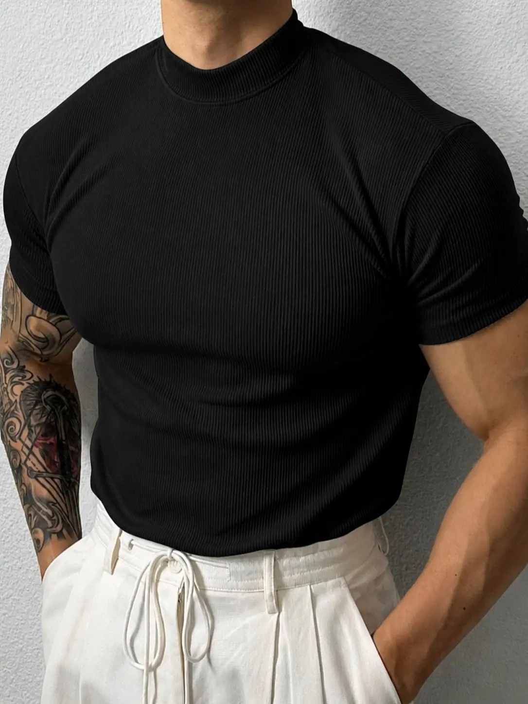 Men’s 2-Pack Stretch Ribbed Mock Neck T-Shirt, Textured Knit Slim Fit Short Sleeve Top, Minimalist Athletic Style Base Layer with Premium Fabric Feel for Summer Casual Wear