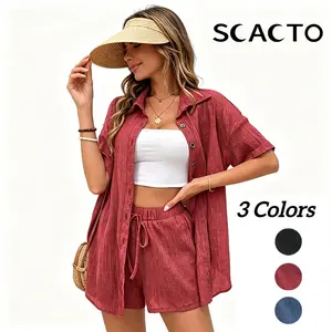 Scacto Women's 2-Piece Summer Polyester Loungewear Set - Single-Breasted Cardigan Shirt, Lapel Top & Loose Above-Knee Woven Shorts with Slight Stretch, Stylish Casual Outfit