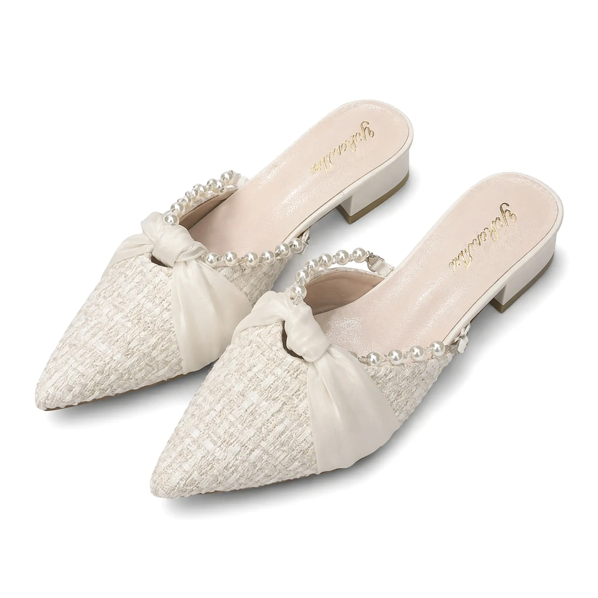 Women's 2026 New Chic Pearl Decor Mules, Pointed Toe Tweed-Faux Leather Slip-On Sandals, Lightweight Plain Ankle Dress Heels for Wedding Guest Daily Outdoor Use