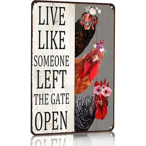 Live Like Someone Left the Gate Open Funny Farm Animal Metal Sign Vintage Chicken Cow Goat Wall Decor 8x12 Inch Rustic Tin Sign for Home Kitchen Farmhouse