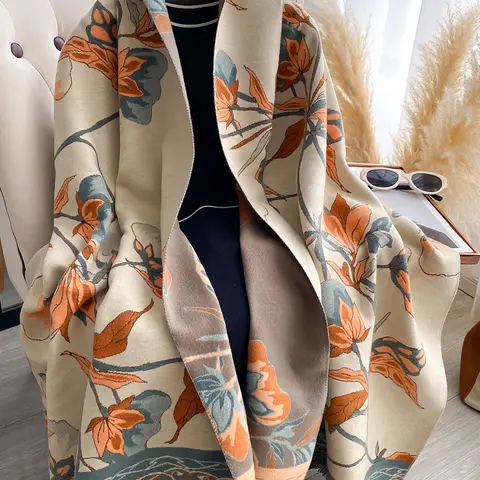 Elegant Fashion Double-Sided Thick Autumn Winter Scarf, Elegant Printed Scarf, Plant Print Pattern Shawl with Tassels for Luxurious Comfortable Travel Style
