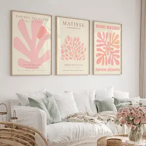 3pcs/set, Pink Floral Matisse Wall Art, Botanical Wall Decor, Unframed Bohemian Poster, Modern abstract design, Matisse Art Gallery Wall, Spring Decor, Modern Home Decor, Canvas Art For Living Room, Bedroom