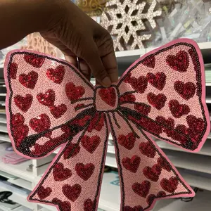 Valentine's Day Beaded Heart Bow - Pink Sequin Decorative Bow for Valentine's Day Gifts and Decor