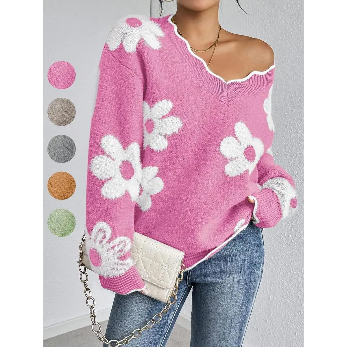 Women's Chic Floral Print Knitting Sweater - Long Sleeve, Scalloped Edge, Embroidered Trim, Drop Shoulder, V Neck Pullover - Fall-Winter Womenswear Tops for Everyday Elegance (Pairs with Jeans), Longsleeves, Fashion, Knitwear, Sweatshirts, Jumper, Casual