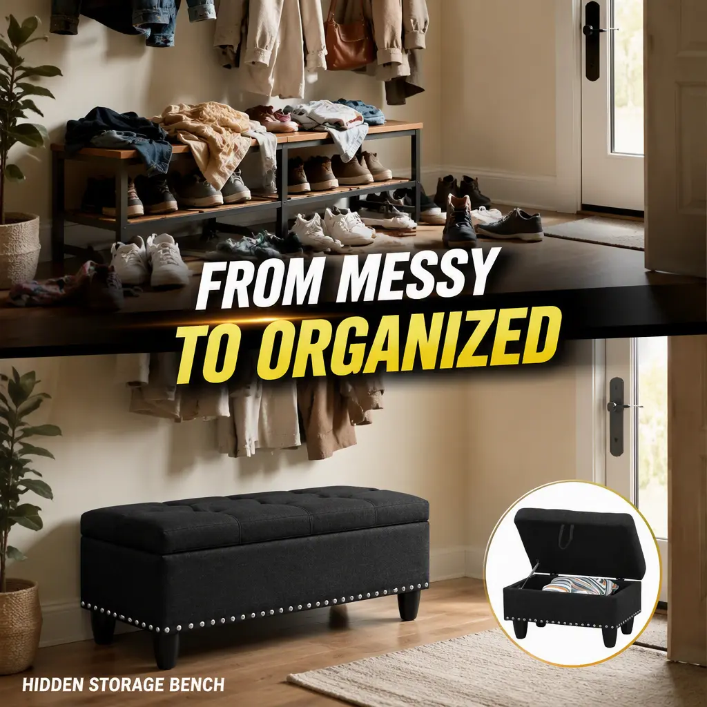 Storage Ottoman Bench with Hidden Storage, Upholstered Entryway Bench for Shoes, Blankets, Pillows & Bedroom Organization