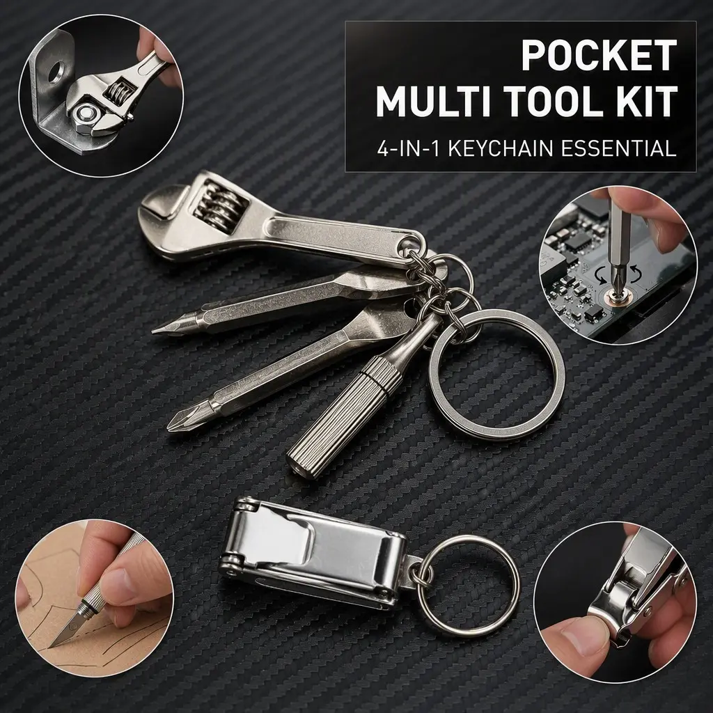 EDC Multi Tool Keychain 5-In-1 Stainless Steel Pocket Wrench Screwdriver Cutter Nail Clipper Portable Emergency Repair Gadget For Handyman Outdoor Camping Everyday Carry Mini Survival Tool