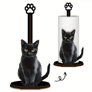 Wooden Black Cat Kitchen Paper Towel Holder, Tissue Holder - Single-Layer Dishcloth And Paper Towel Storage Rack, Suitable For Kitchen Countertops, An Essential Item For Organizing Paper Towels In Your Home Kitchen.