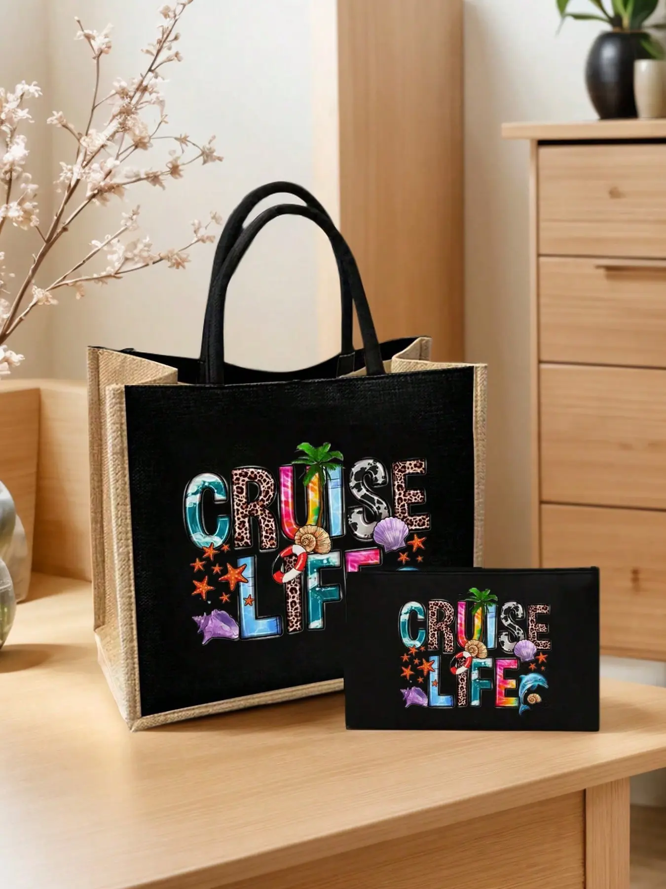 Cruise Theme Linen Handbag Set, Coconut Tree Shell Dolphin Starfish Print, Foldable Storage Bag, Summer Women's Beach Bag, Large Capacity