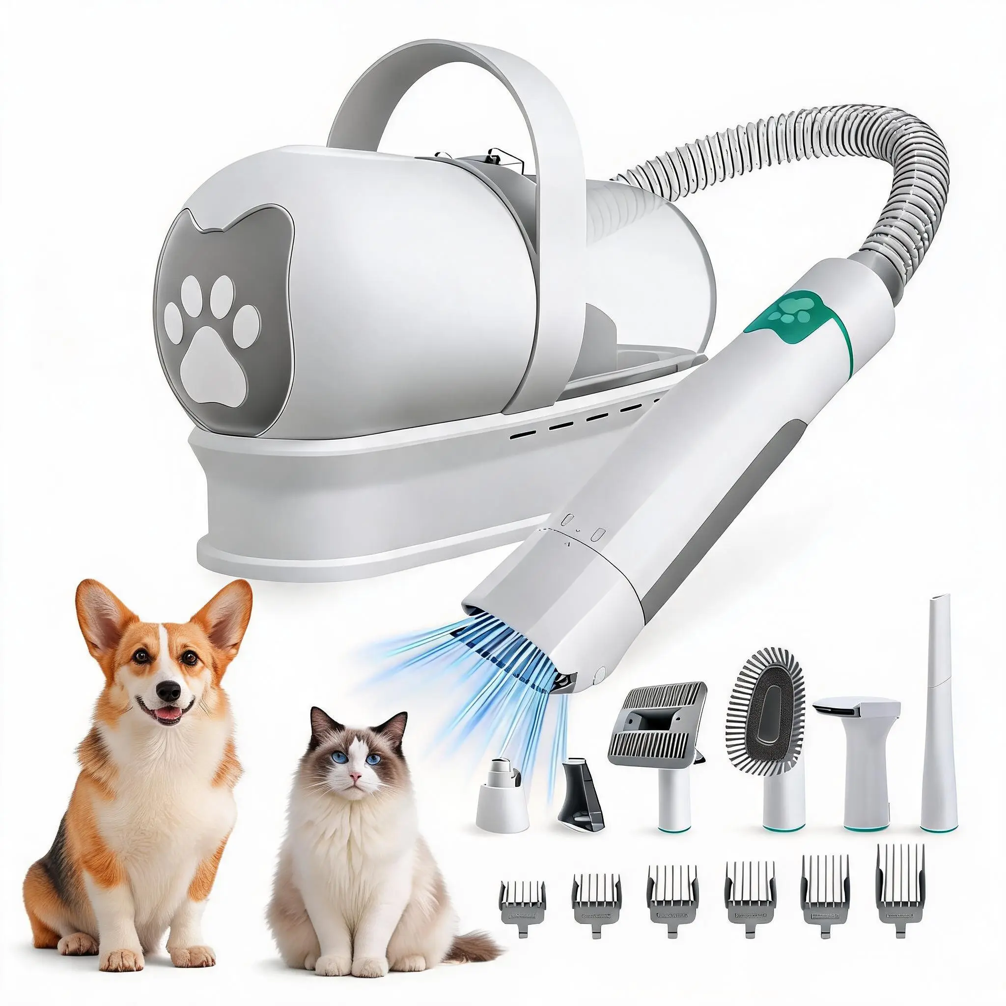 7-in-1 Low Noise Electric Pet Hair Shaver and Collection Vacuum System, Comprehensive Cats & Dogs Grooming Station with Multi-size Combs, Claw Grinder & Fabric Brush