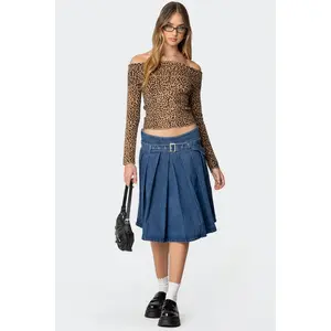 Belted Pleated Denim Midi Skirt