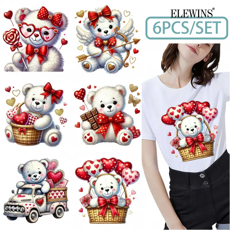 6 adorable Valentine's Day teddy bear heat transfer vinyl decal stickers, hot transfer decal patches, for T-shirts, jeans, backpacks, home clothing, hats, and decorative patches.