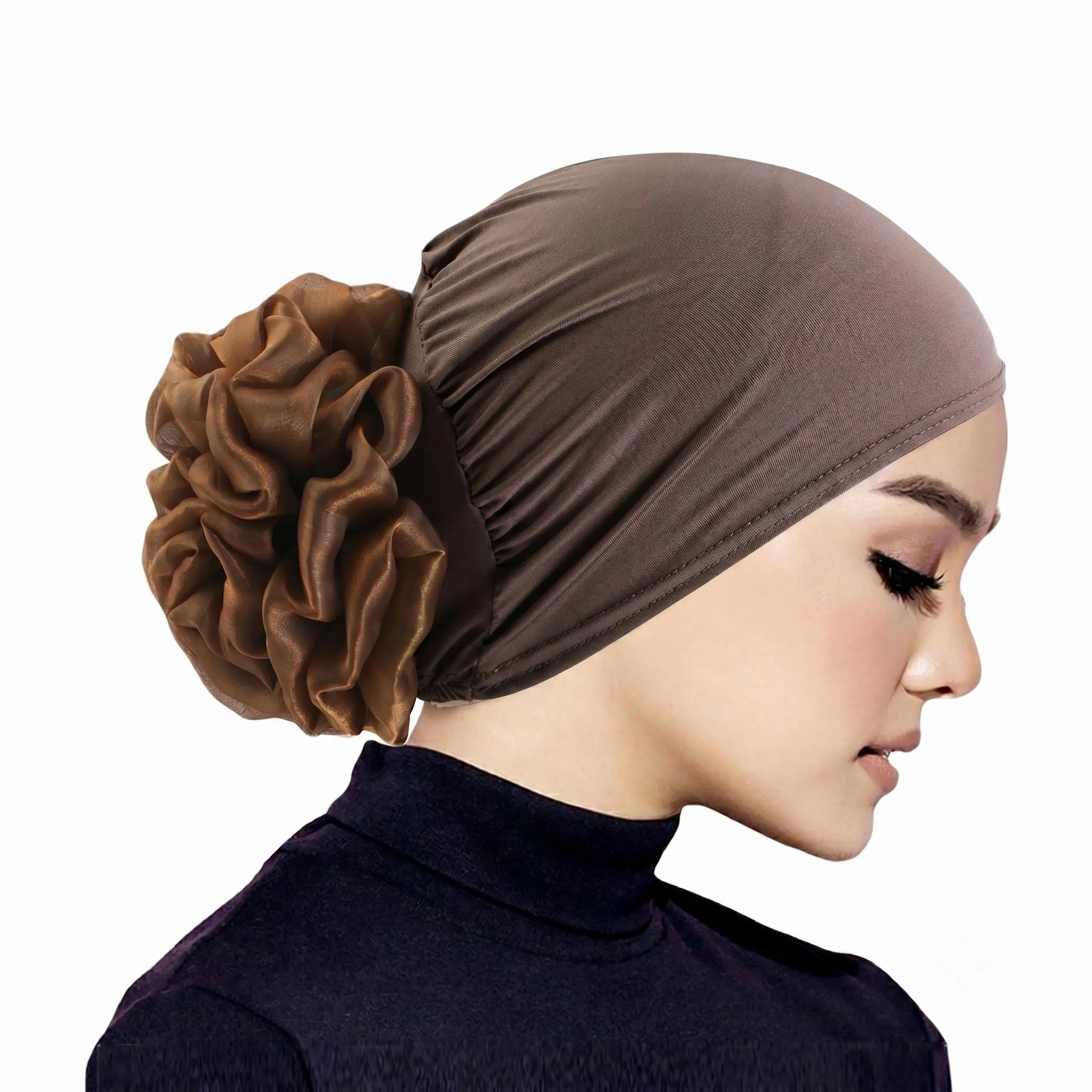 Women's 2PC Hijab Undercap Set with Volumizing Flower Scrunchie - High Elastic, Breathable Muslim Bonnet Hair Volumizer, Modest Fashion Accessories, Volumizing Scrunchie Bonnet