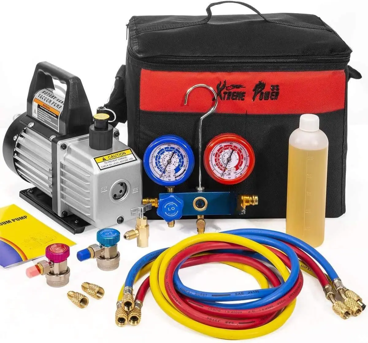 XtremepowerUS 1/4 HP 3CFM HVAC Air Vacuum Pump Full Kit - HVAC Repair Tool with Manifold Gauge, R134 Can-Tap, Hose, Storage Bag, Oil Change Port, 3000 PSI, Compatible with R134a, R12, R22, R410a & Automatic Milking Systems