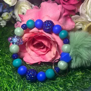 Raincloud wristlet keychain, color scheme mint, green, cyan green, royal blue and bling beads, made with wire