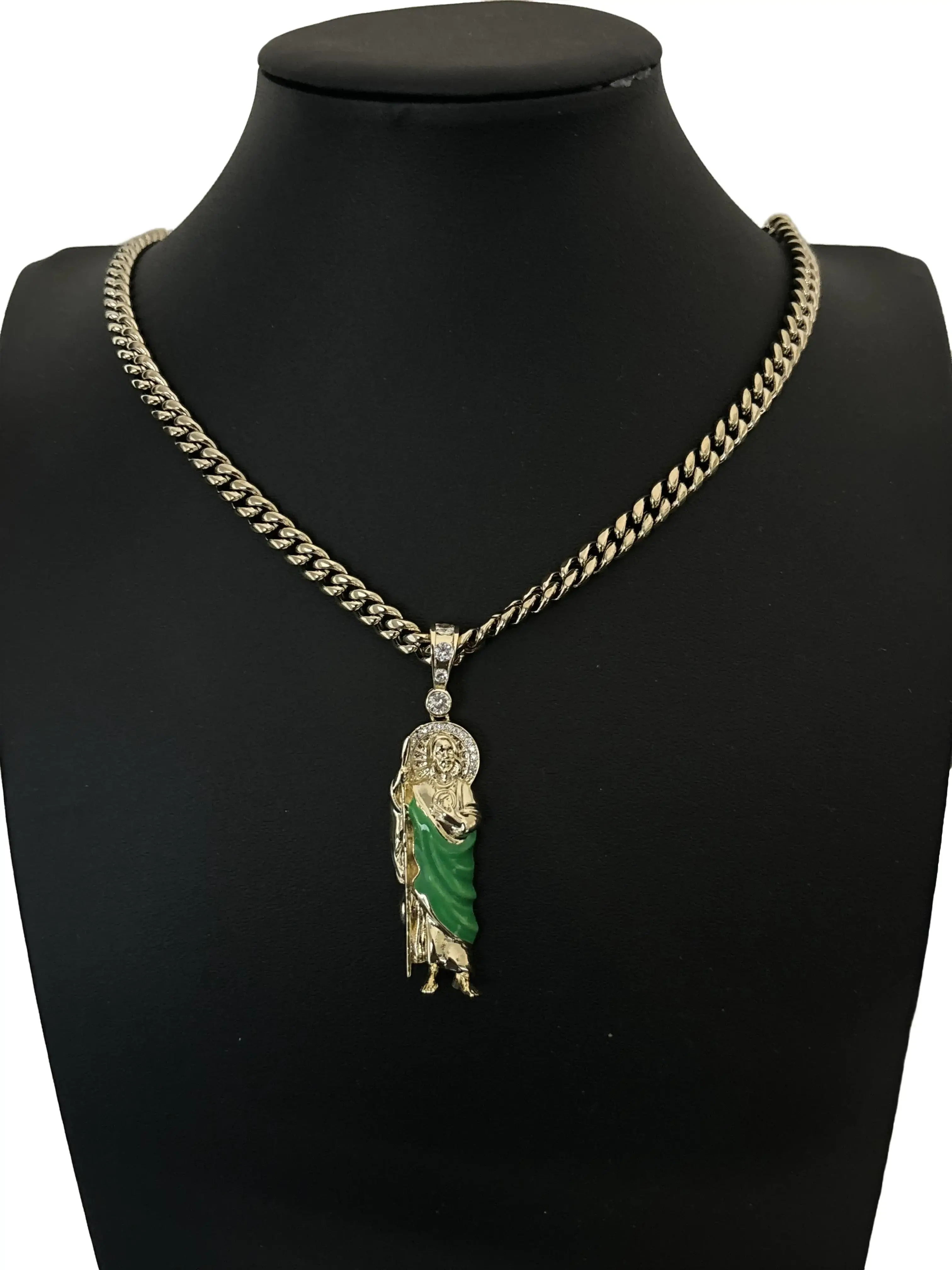 San Judas Tadeo Necklace with Green Pendant and Chain 24 Inches Long 6mm Wide Unisex Elegant Accessory for Any Occasion