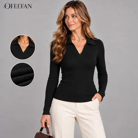 OFEEFAN Womens Polo Shirts Long Sleeve Business Casual Tops Collared V Neck Ribbed Knit Sweater Slim Fit Blouses Womenswear Knitted Knitwear Chic