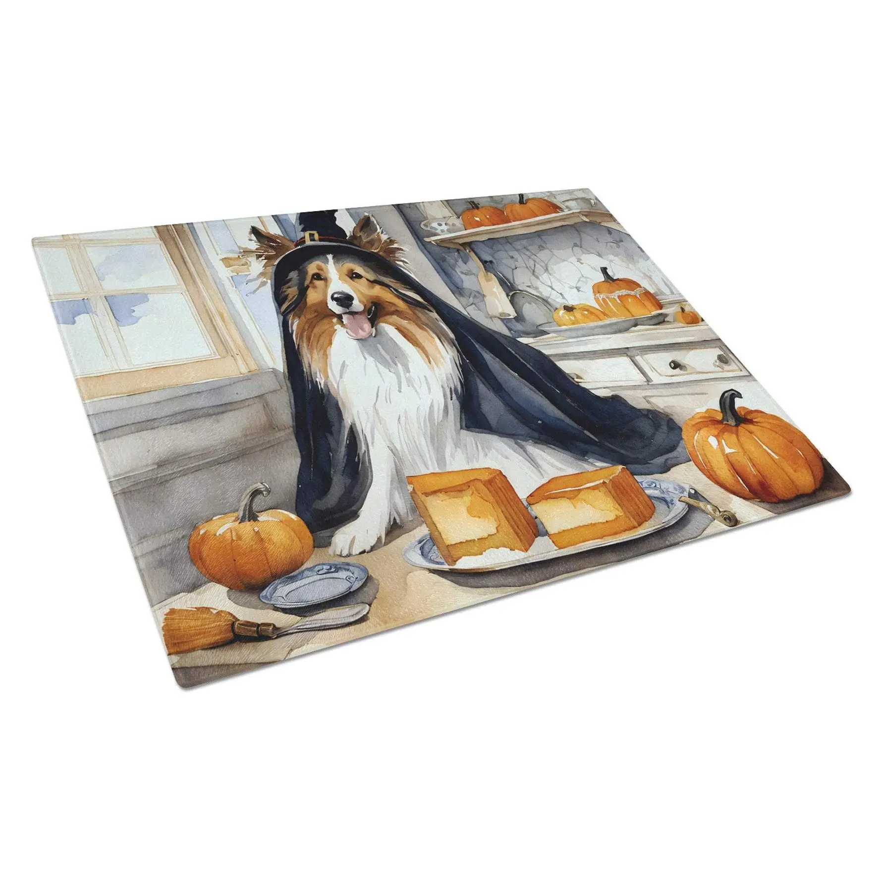 Sheltie Fall Kitchen Pumpkins Glass Cutting Board Large
