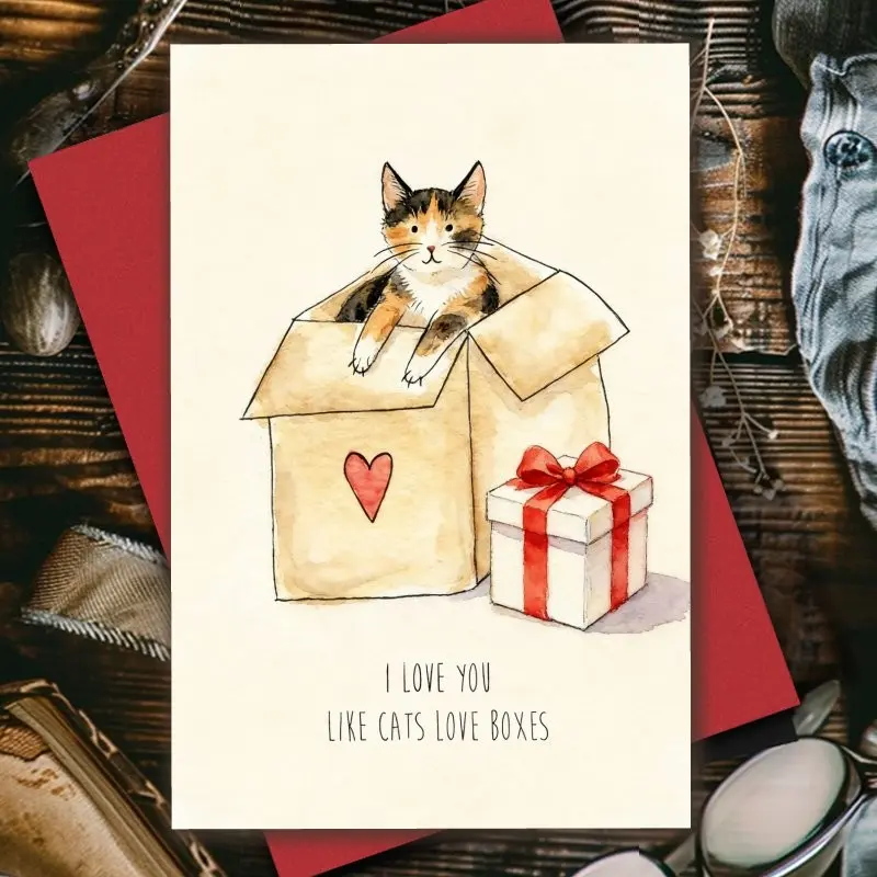 1pc Funny Valentine's Day Card - Cute Calico Cat in Box with Red Heart and Gift Box, Romantic Greeting Card