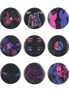 9-Piece TV Girl Band Fan Peripheral Tinplate Soft Button Pin ,Retro Aesthetic Round Pink Blue Color Scheme Cat Silhouette Moon Star Romantic Lyrics Design Brooch Backpack Clothes Lapel Jacket Badge ,Unisex Daily Accessory,Fashion Jewelry Gift for Musi