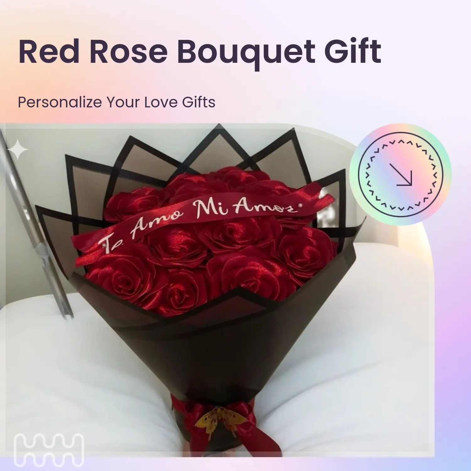 "Te Amo Mi Amor" 12-Red Ribbon Rose Bouquet Artificial Flower Arrangements with Personalized Ribbon, Decorative Artificial Flower for Special Occasions Home Decor Gift