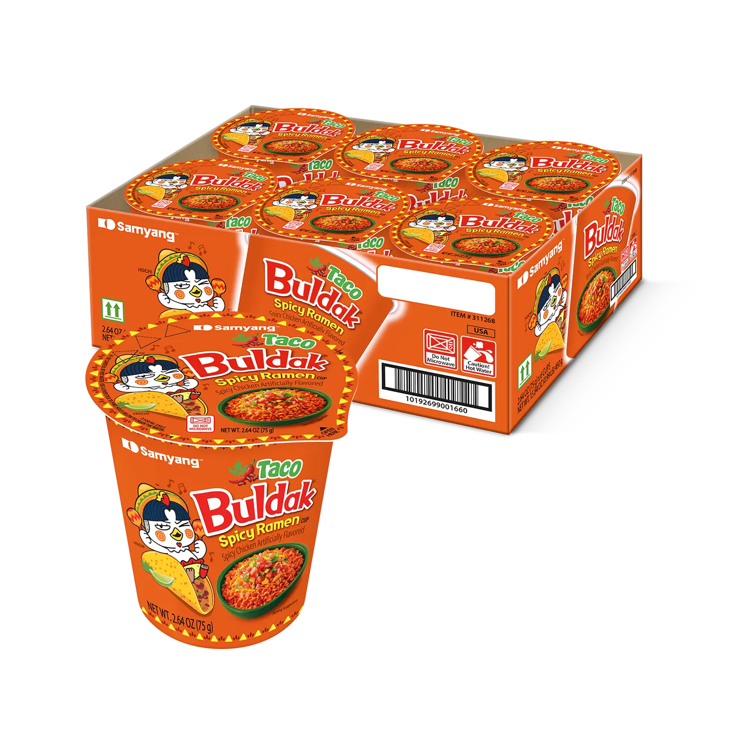 Buldak Pack of 6 Taco Spicy Hot Chicken Stir-Fried Cup Noodles