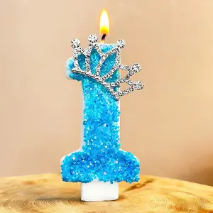 1pc blue crown number birthday candles, sparkling and perfect for Halloween, and parties. Also suitable for Halloween, New Year's, Valentine's Day, and other party occasions.