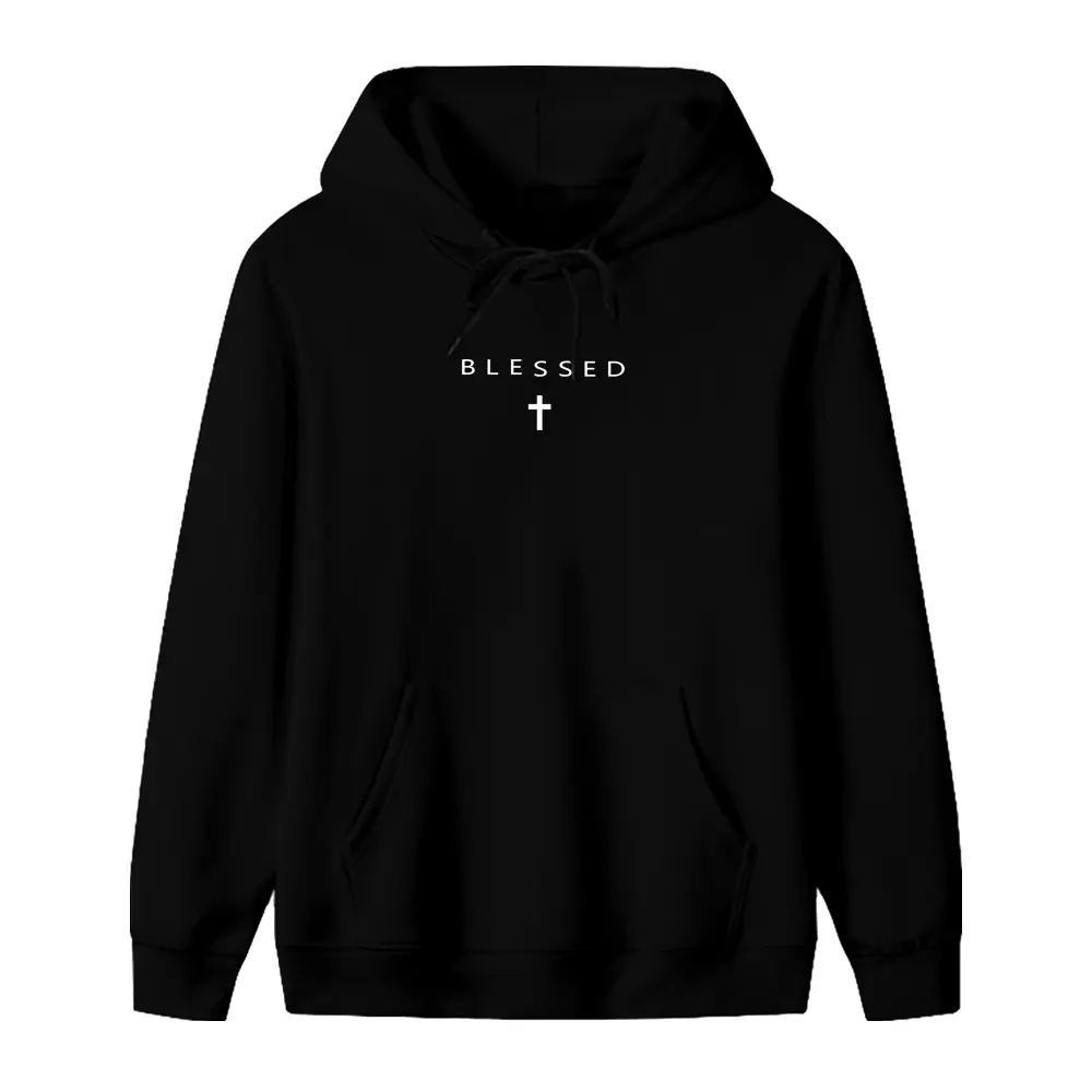 BLESSED Cross Black Hoodie - Chic Christian Aesthetic Casual Women's Pullover