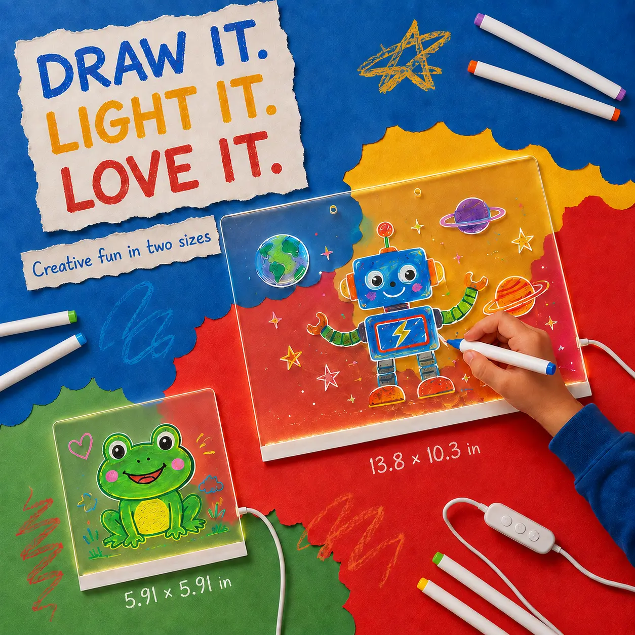 LED Acrylic Light-Up Pad - 2 Sizes (17-in & 8-in) USB-Powered Reusable Trace/Draw Board with Markers, Acrylic Sheet for Kids' Art, Home Use