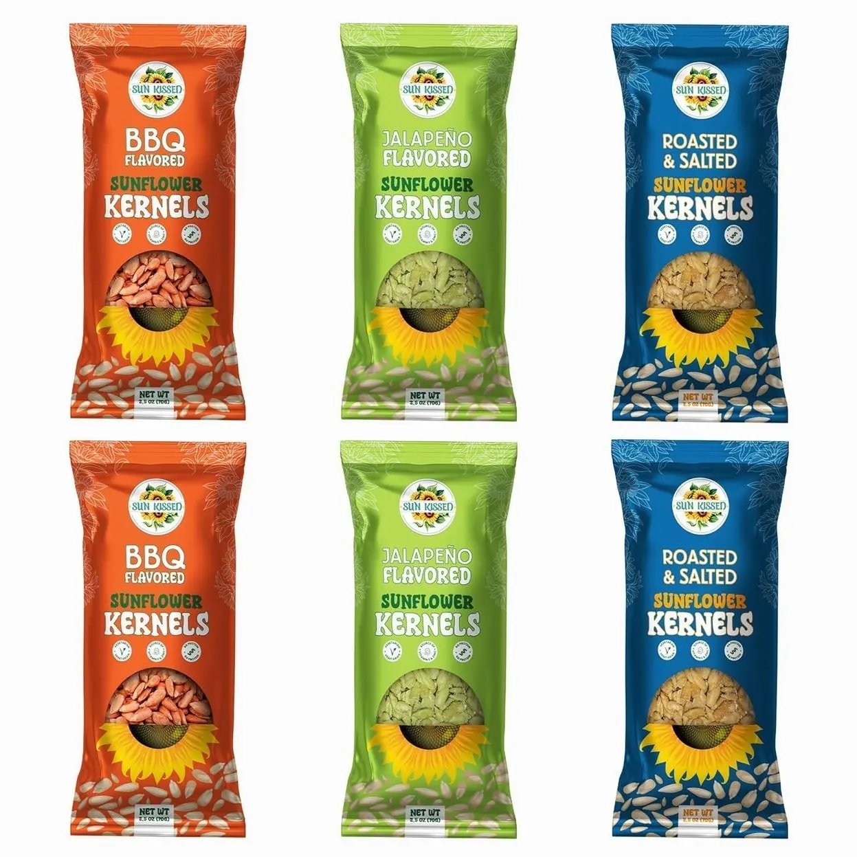 Sun-Kissed Sunflower Kernels Variety 6-Pack - Includes 2 Bags Each: Roasted & Salted, Jalapeño, BBQ | Vegan, Gluten-Free, Non-GMO | High Protein Snack | 2.5 oz Bags | Perfect for Sharing