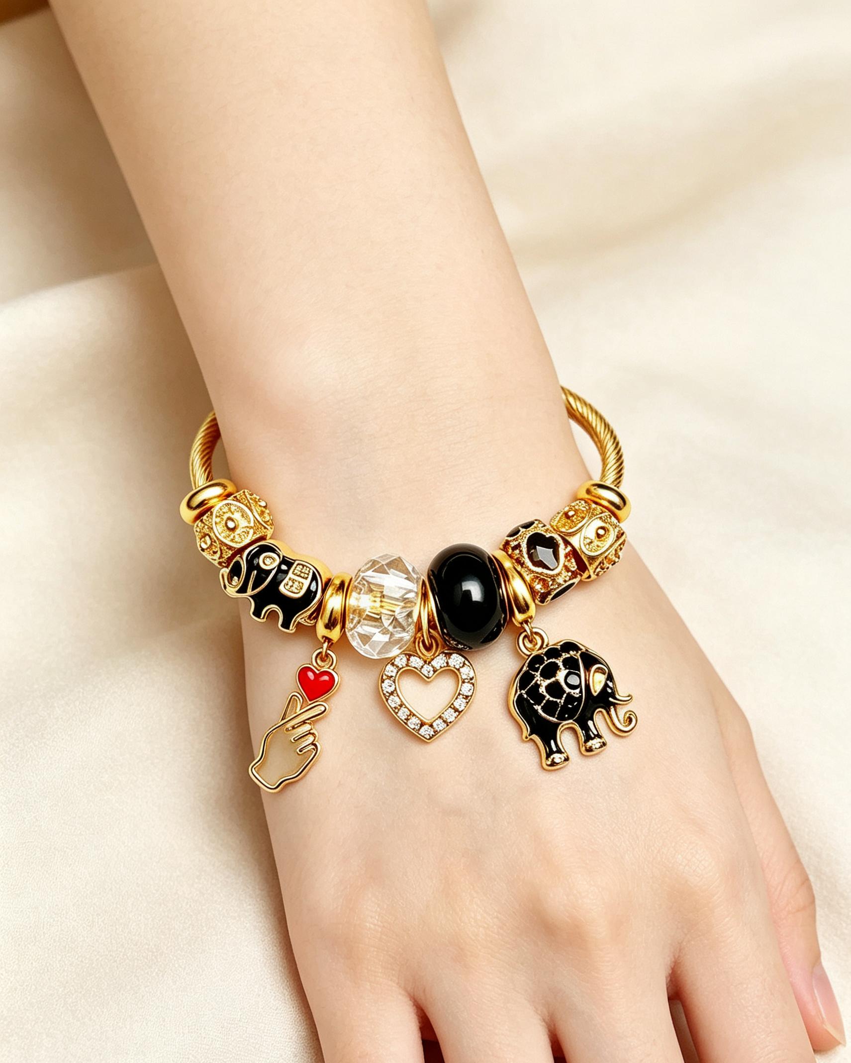 Gold-Tone Adjustable Cable Wire Charm Bangle Bracelet for Women, Elephant Heart Crystal Hand Charms Cuff Bracelet, Fashion Jewelry Gift