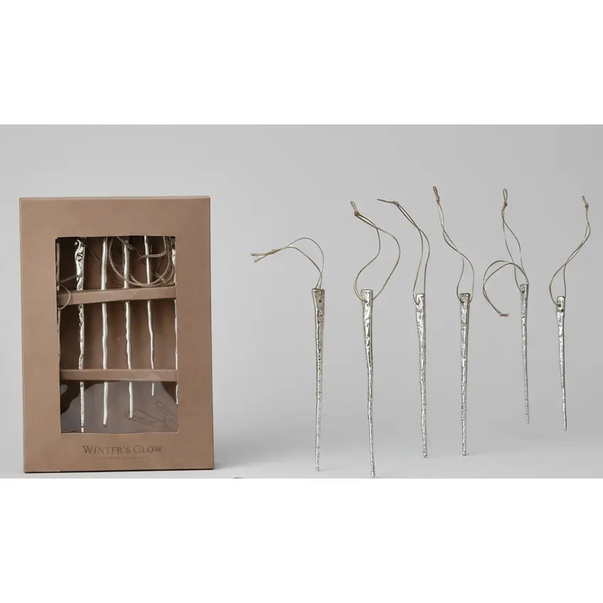 Set of 6 Silver Finish Mercury Glass Icicle Ornaments