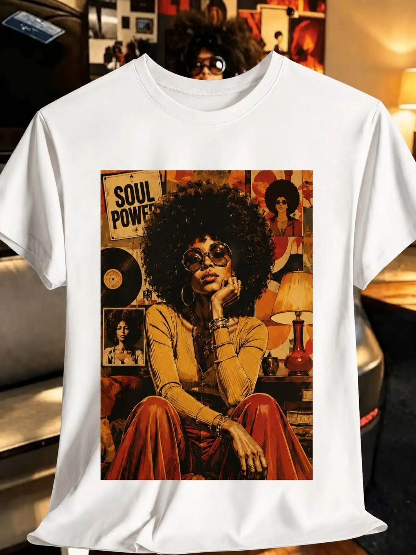 Men's Soul Power Vintage 70s Afro Black Woman Retro Collage Art Unisex Crew Neck Short-Sleeve Graphic T-Shirt, Casual Breathable Classic Streetwear Tops