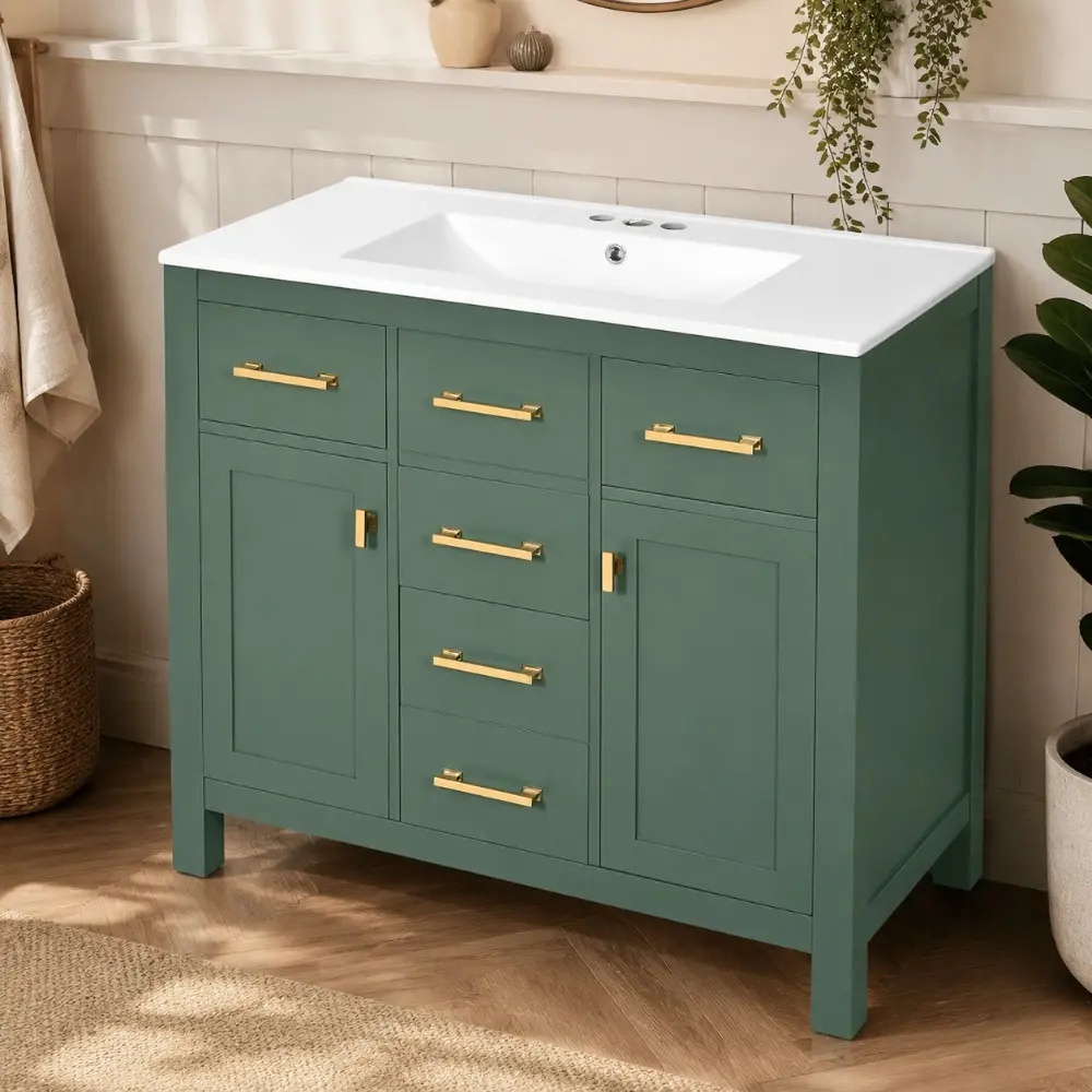 Littleox 36'' Bathroom Vanity with Ceramic Sink Combo Set, Modern Freestanding Single Bathroom Cabinet with 4 Drawers & 2 Cabinets,Storage Cabinet for Bathroom, Solid Wood Frame Vanity Set, Green