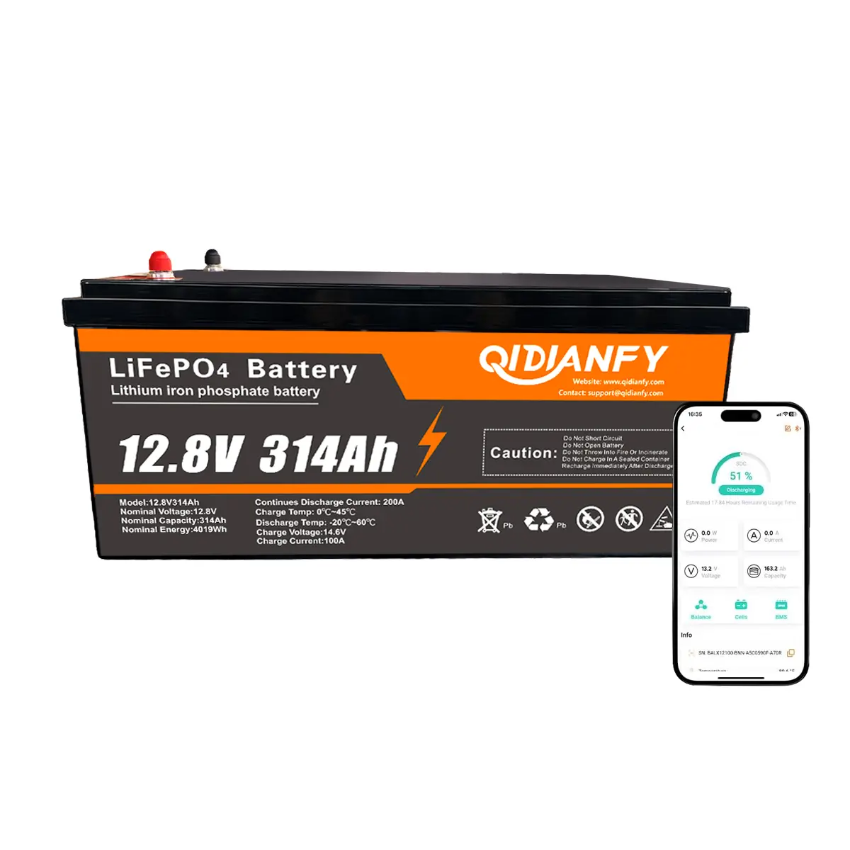 12V 314Ah LiFePO4 Lithium Battery with Bluetooth, 200A BMS, 15000+ Deep Cycles, 4019Wh Energy, Low-Temp Protection, Ideal for RV, Marine, Solar, Off-Grid and Home Backup Power