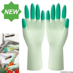 Silicone Rubber Long-Sleeve Dishwashing Gloves, Anti-Slip Reusable Durable Household Scrubbing Protective Cleaning Accessory