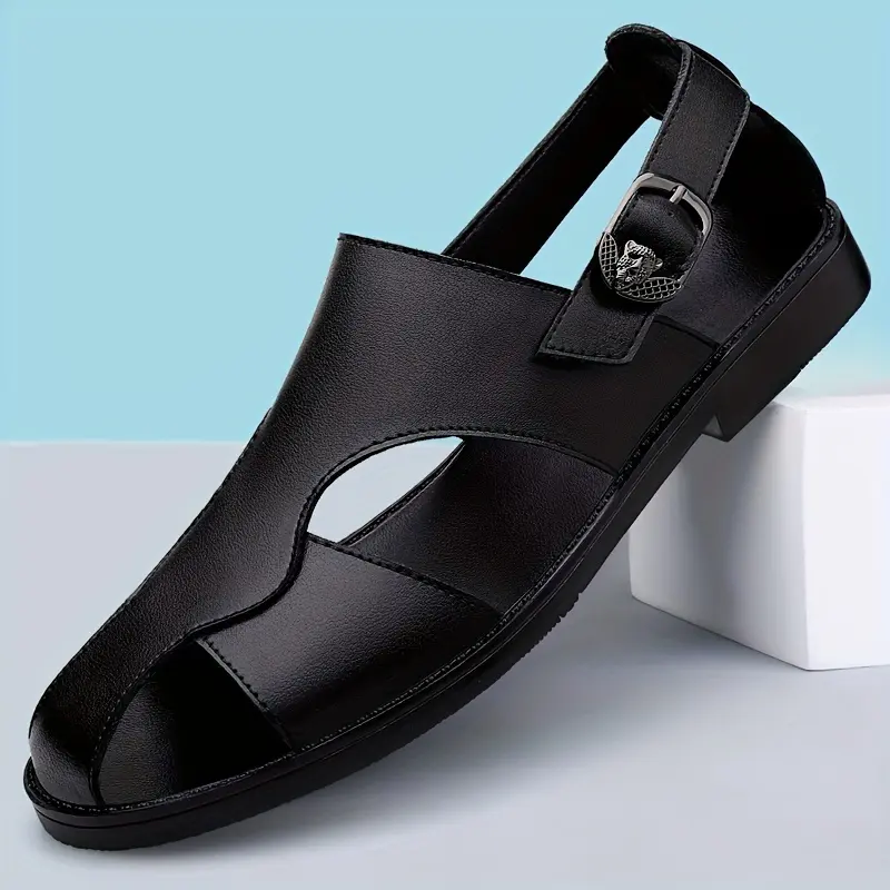 Men's Casual Closed-Toe Walking Shoes, Split Cow Leather Upper, Non-Slip Rubber Sole, Comfy Summer Sports Footwear, Fashion, Buckle