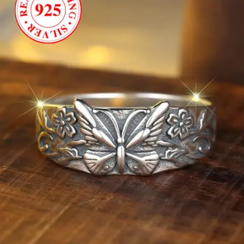 S925 Sterling Silver Butterfly & Flower Design Ring, Vintage Embossed Ring, Vintage Inspired Ring, Vintage Trendy Ring for Women & Girls, Elegant Everyday Ring, Unique Rings, Beautiful Rings, Trendy All-match & Exquisite Jewelry for Birthday Gift with Box