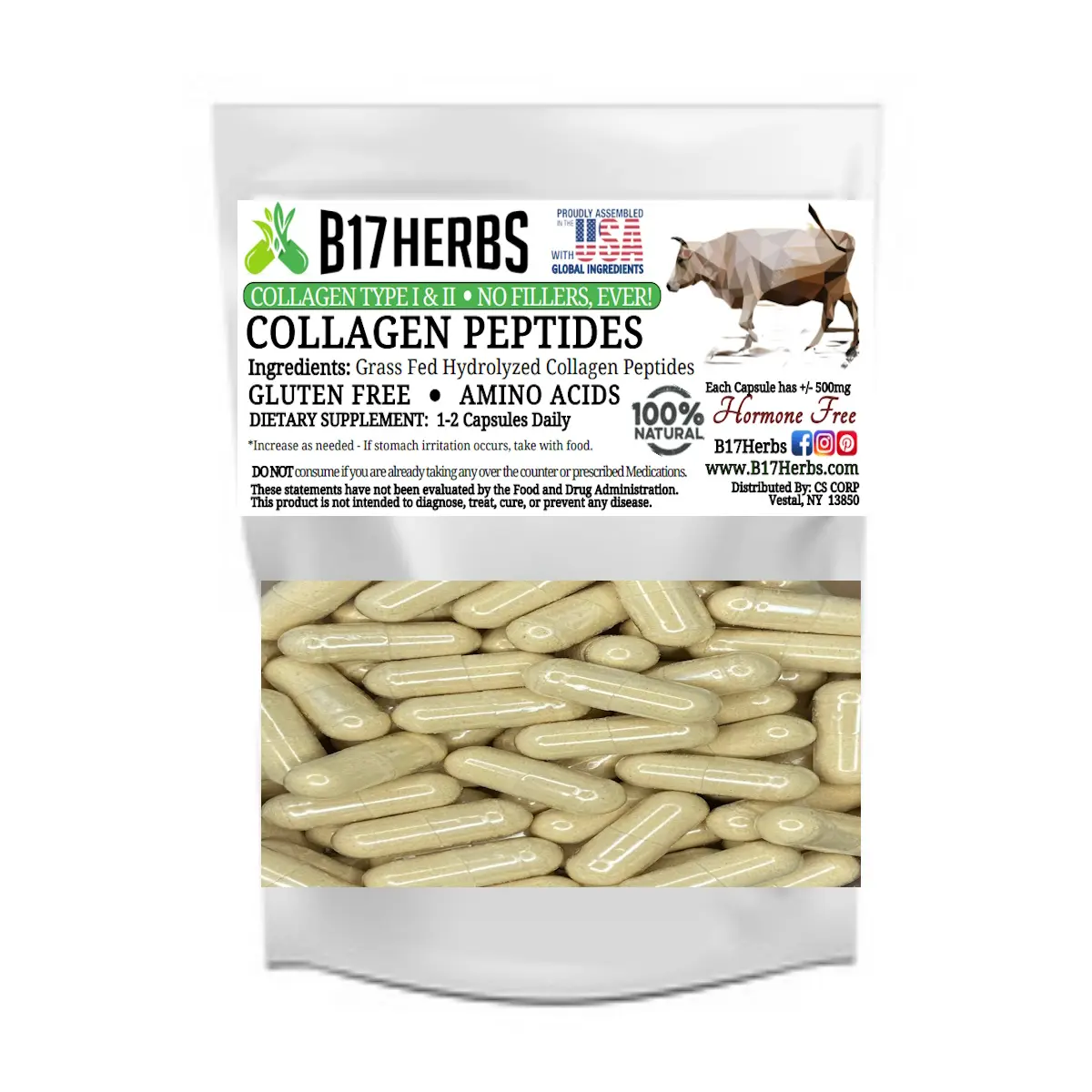 Collagen Peptide Capsules - Grass Fed, Bovine, Type I & III - 100 Caps, 500mg