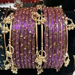 Colorful Glass Raindrop Bangles Set with 12 Glass & 4 Kashmiri Bangles Gold Accents Dangling Charms for Women's Fashion Jewelry 16 Pieces Total