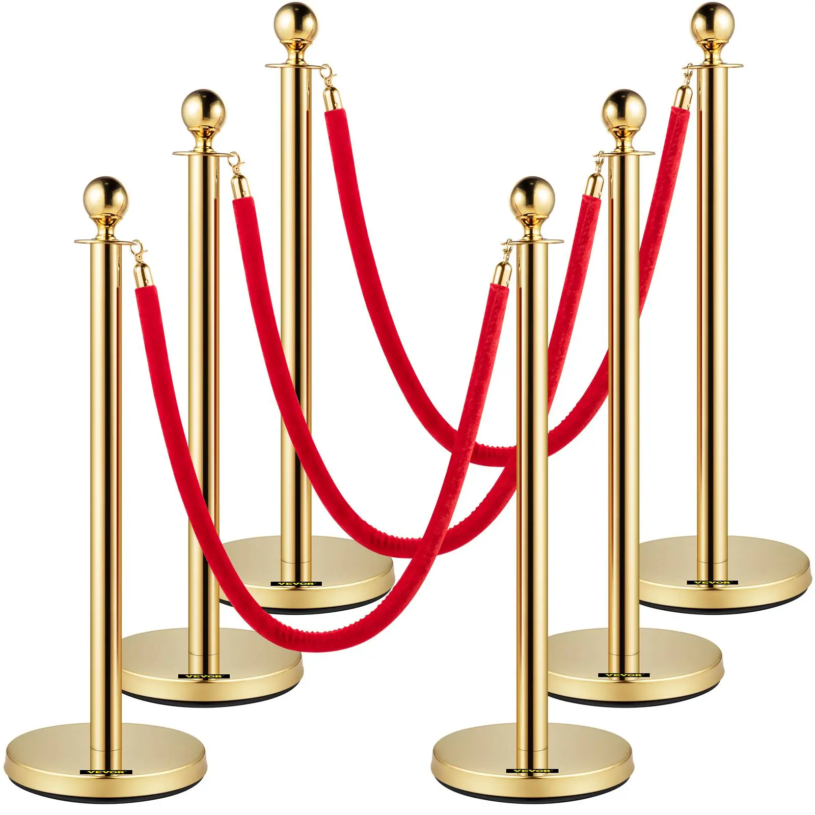 【Summerfinds】VEVOR 6-Piece Velvet Ropes and Posts Set, 5ft/1.5m Red Rope, Stainless Steel Gold Ball-Top Stanchions with 12.6in Flannel Water-Proof Bases, Crowd Control Barrier for Weddings, Exhibitions, Gifts